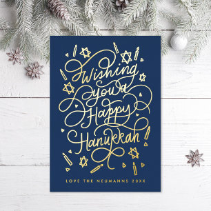 Wens je een gelukkig hanukkah handlettering folie feestdagenkaart
