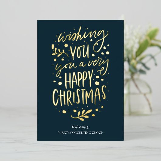 Wens je Vrolijk Kerstmis Blauw Goud Script Busines Folie Feestdagenkaart (Staand Voorkant)