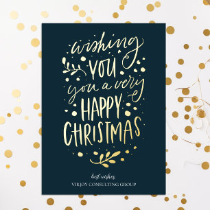 Wens je Vrolijk Kerstmis Blauw Goud Script Busines Folie Feestdagenkaart
