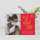 Wens op een magische ster gouden script rode foto feestdagenkaart (Staand voorkant)