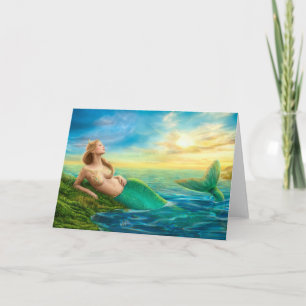 Wenskaart fantasie zeemeermin bij zonsondergang kaart