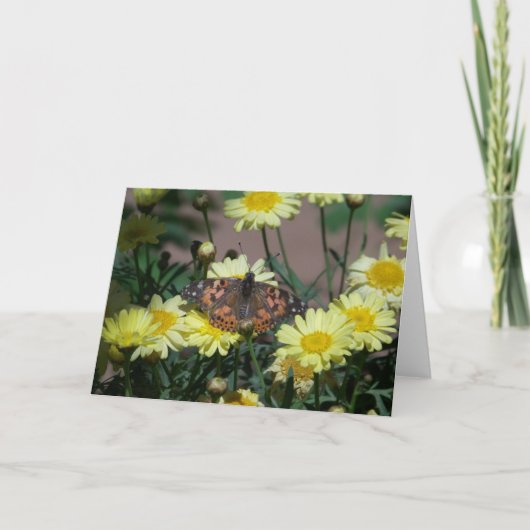 Wenskaart met vlinder en gele bloemen kaart (Voorkant)