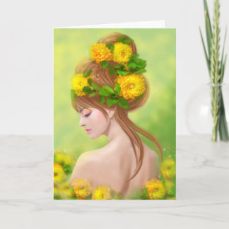 Wenskaart mooie vrouw in gele bloemen kaart