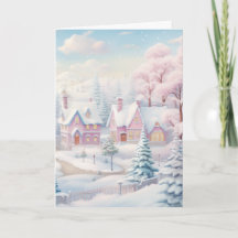 Wenskaart Roze en Snowy Village Vakantie Kaart