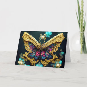 Wenskaart van gouden en Blauwgroen vlinder Bedankkaart