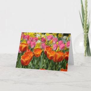 Wenskaart van roze en oranje tulpen kaart