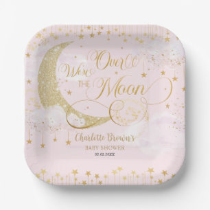 We're Over The Moon Stars Roze Goud Baby shower Papieren Bordje