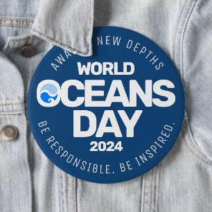 Wereld Oceanen Dag Blauwe Gestileerde Aarde Golven Ronde Button 6,0 Cm
