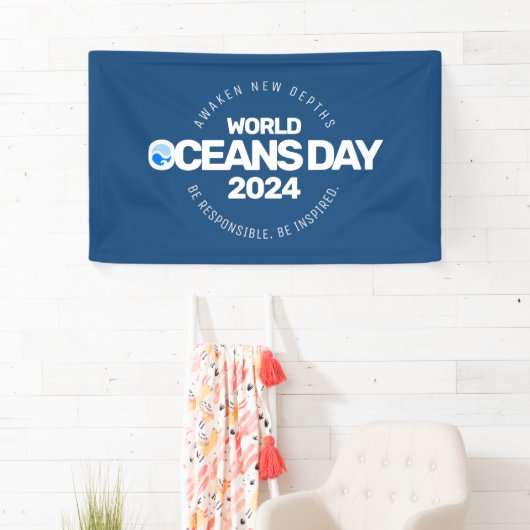 Wereld Oceanen Dag Blauwe Gestileerde Aarde Golven Spandoek (Insitu)