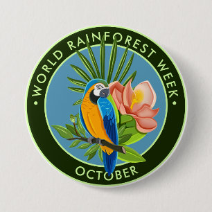 Wereld regenwoud Week, papegaai, hibiscus Ronde Button 7,6 Cm