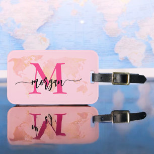 Wereld Reis Kaart Met Monogram Naam in Fel Roze Bagagelabel