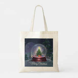 Wereldbol met kerstboomsneeuw tote bag