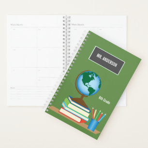 Wereldbol op schoolboeken Aangepaste leraar Planner