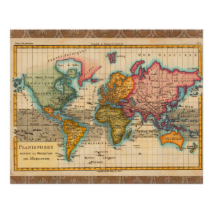 Wereldkaart 1780 Bonne Antique Planisfeer Perfect Poster