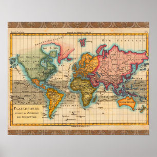 Wereldkaart 1780 Bonne Antique Planisfeer Poster