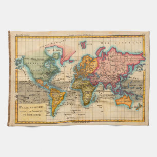 Wereldkaart 1780 Bonne Antique Planisfeer Theedoek