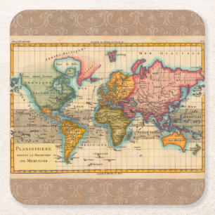 Wereldkaart 1780 Bonne Antique Planisfeer Vierkante Kartonnen Onderzetter