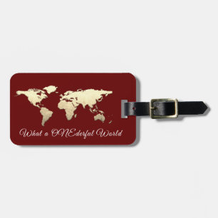 Wereldkaart adres wat een ONE-derful Gold Burgundy Bagagelabel