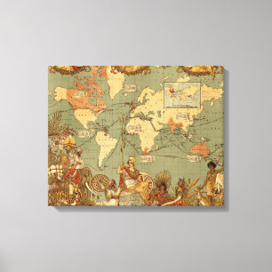 Wereldkaart Antiek 1886 geïllustreerd Canvas Afdruk