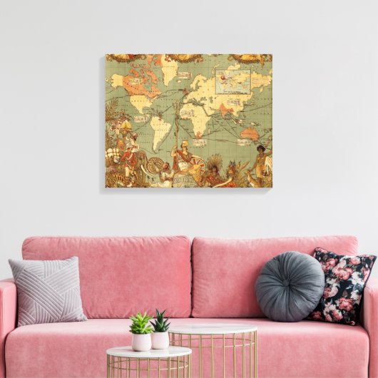 Wereldkaart Antiek 1886 geïllustreerd Canvas Afdruk (Insitu (Woonkamer))