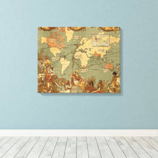 Wereldkaart Antiek 1886 geïllustreerd Canvas Afdruk (Insitu (Houten vloer))