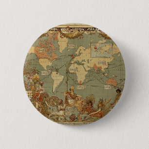 Wereldkaart Antiek 1886 geïllustreerd Ronde Button 5,7 Cm