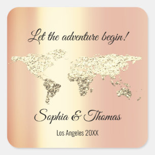Wereldkaart bestemming Golden Earth Coral Vierkante Sticker