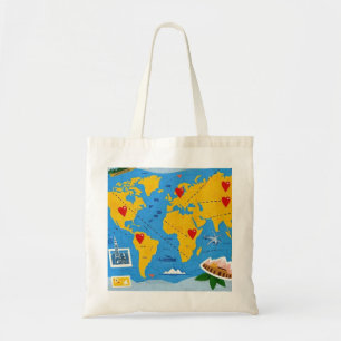 Wereldkaart bezaaid met hartspelden en bezienswaar tote bag