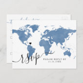 Wereldkaart blauw hart RSVP-Briefkaart Feestdagenkaart (Voorkant / Achterkant)