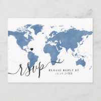 Wereldkaart blauw hart RSVP-Briefkaart