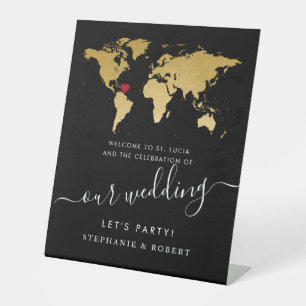 Wereldkaart Destination Wedding Gold Black Welkom Reclamebord Met Voetstuk