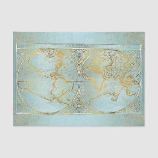  Wereldkaart Gold Aqua Blue-ontkoppeling Tissuepapier (Voorkant)