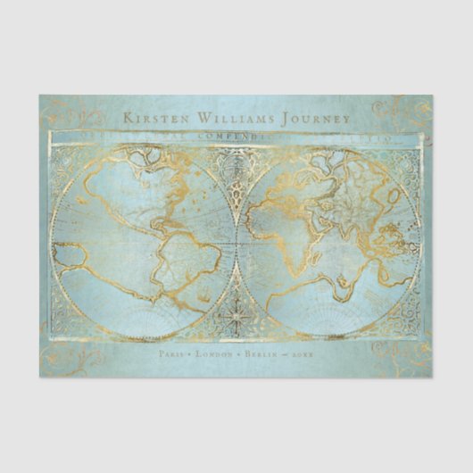  Wereldkaart Gold Blue Monogram Naam Tissuepapier (Voorkant)