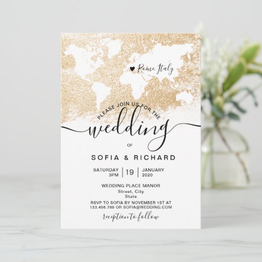 Wereldkaart Gold Invitation Destination Wedding Kaart (Staand voorkant)