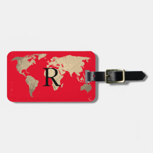 Wereldkaart Golden Sepia Red Black Monogram Initia Bagagelabel