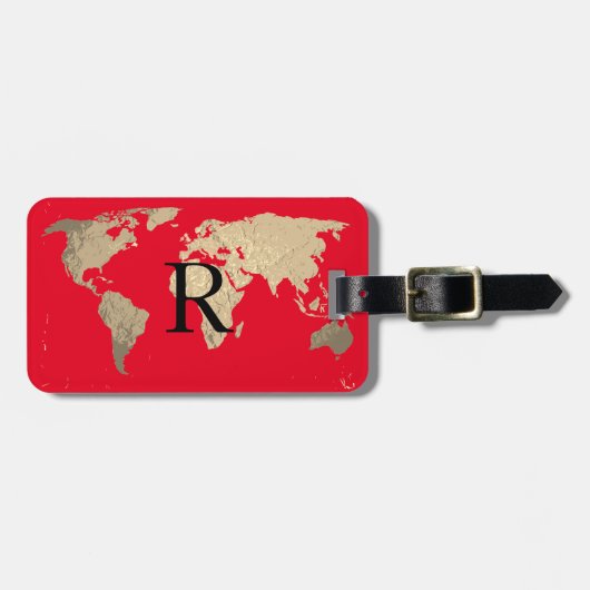 Wereldkaart Golden Sepia Red Black Monogram Initia Bagagelabel (Voorkant horizontaal)