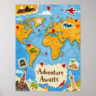 Wereldkaart Hart Spelden Avontuur Wacht Poster