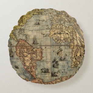 Wereldkaart  Historische Antiek Atlas Rond Kussen