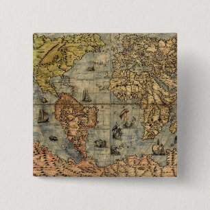 Wereldkaart  Historische Antiek Atlas Vierkante Button 5,1 Cm