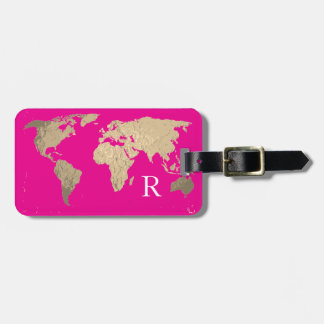 Wereldkaart Hot Pink Gouden Monogram Initiële Naam Bagagelabel
