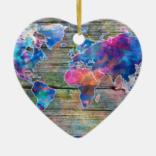 wereldkaart hout 1 keramisch ornament