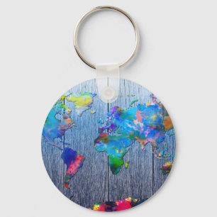 wereldkaart hout 2 sleutelhanger