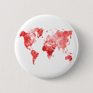 Wereldkaart in waterverf rood ronde button 5,7 cm