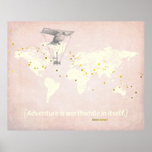 Wereldkaart, Inspirerende Spreuk & Nep Goud Folie Poster