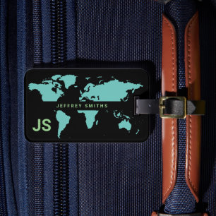 Wereldkaart International Travel Zwart Blauw Bagagelabel