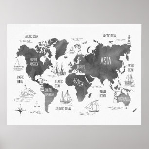 Wereldkaart Kunst Zwart Wit Nautisch Kinderen Slaa Poster