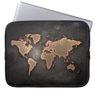 Wereldkaart leder, geografisch bruin laptop sleeve