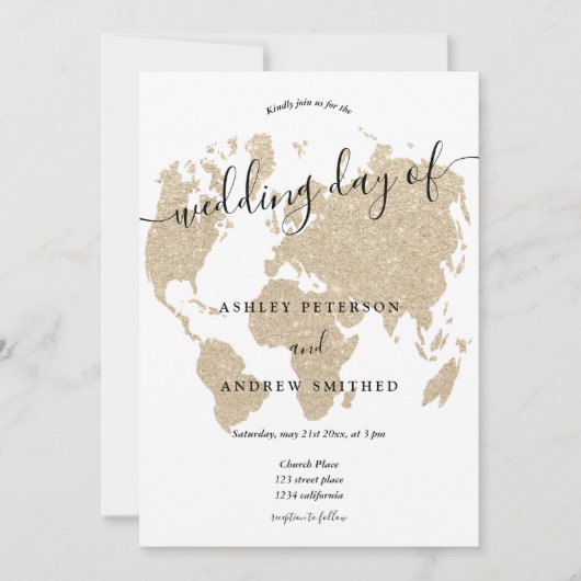 Wereldkaart licht goud glitter chic script bruilof kaart (Voorkant)