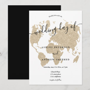 Wereldkaart licht goud glitter chic script bruilof kaart