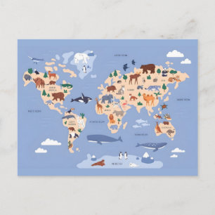 Wereldkaart met Mooie Dieren Briefkaart